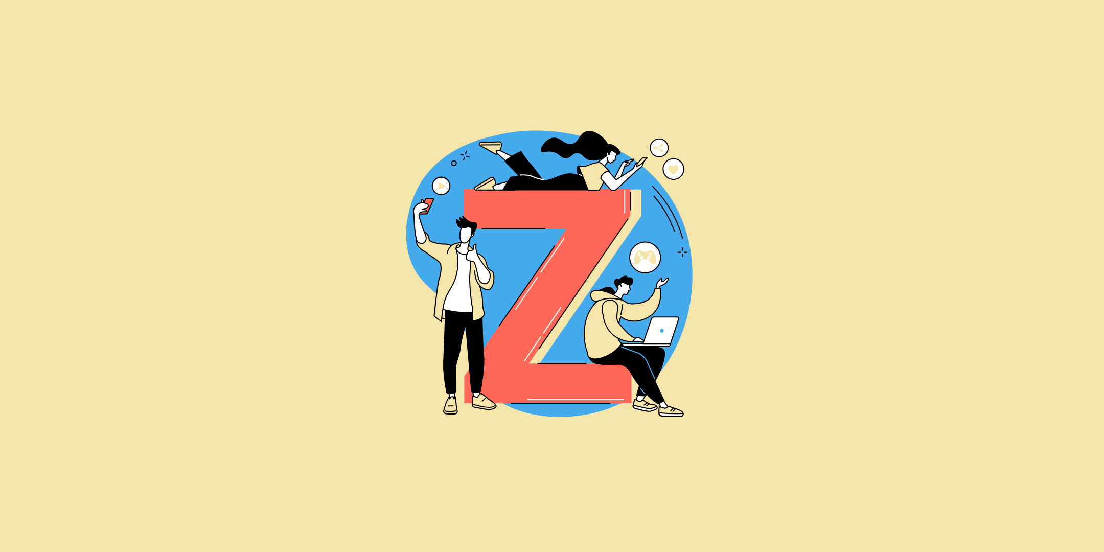 En illustration av tre personer fr&aring;n Generation Z som anv&auml;nder sina smartphones och datorer, med ett stort "Z" i bakgrunden.